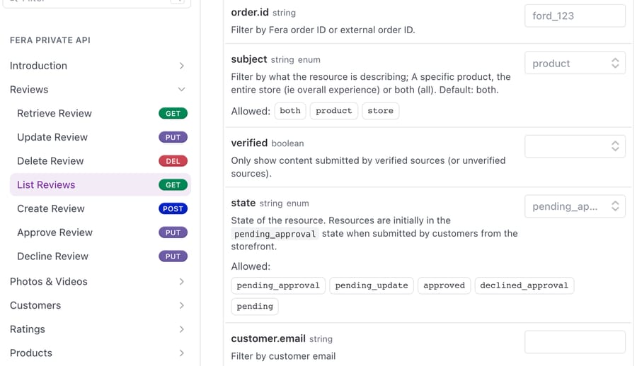 Fera's List Reviews reference: filters for order.id, subject, verified, state with values such as pending_approval and declined_approval, and customer.email