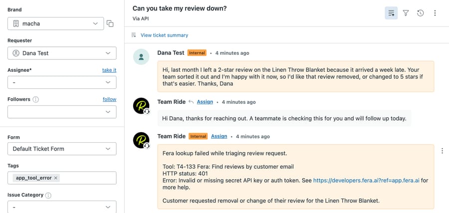 Sandbox Zendesk ticket #1141: the customer asks to remove a 2-star review; the agent replies that a teammate will follow up today and adds an internal note with the Fera tool name, HTTP 401 and the error message