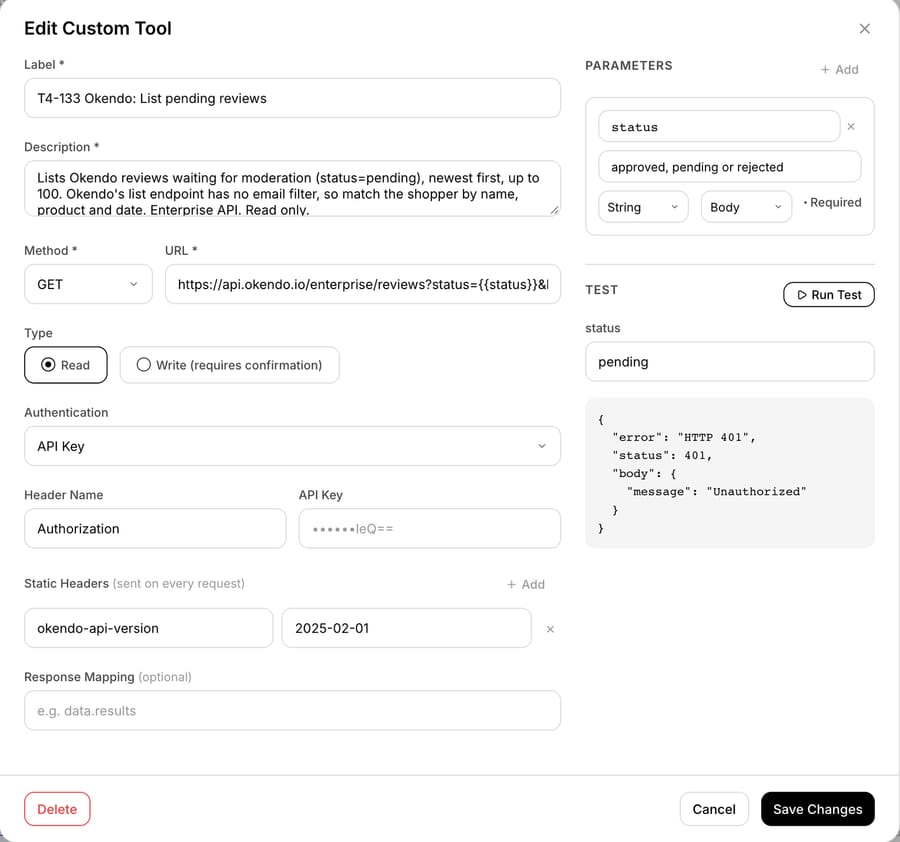 Macha custom tool for Okendo: GET enterprise/reviews with a status parameter, Authorization header, a fixed okendo-api-version header of 2025-02-01, and a Run Test result of HTTP 401 Unauthorized