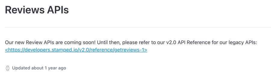 Stamped's Reviews APIs page: "Our new Review APIs are coming soon!" with a link to the v2.0 legacy reference