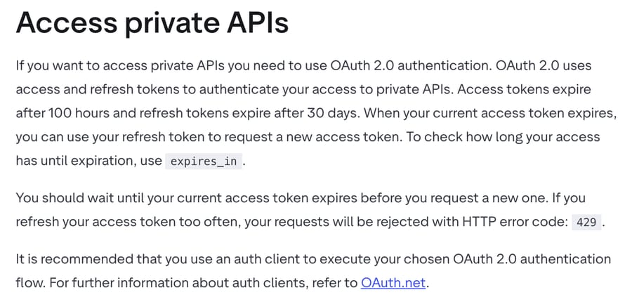 Trustpilot developer docs, Access private APIs: OAuth 2.0 access tokens expire after 100 hours and refresh tokens after 30 days