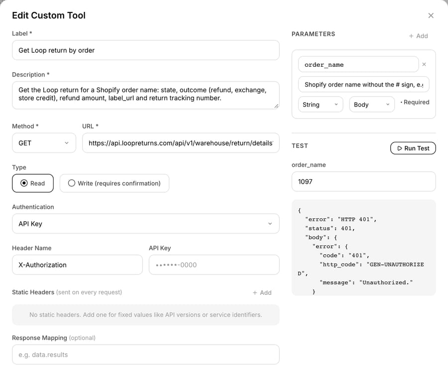 Macha custom tool "Get Loop return by order": GET on Loop's return details endpoint, Read type, X-Authorization key, and a Run Test for order 1097 returning HTTP 401 Unauthorized