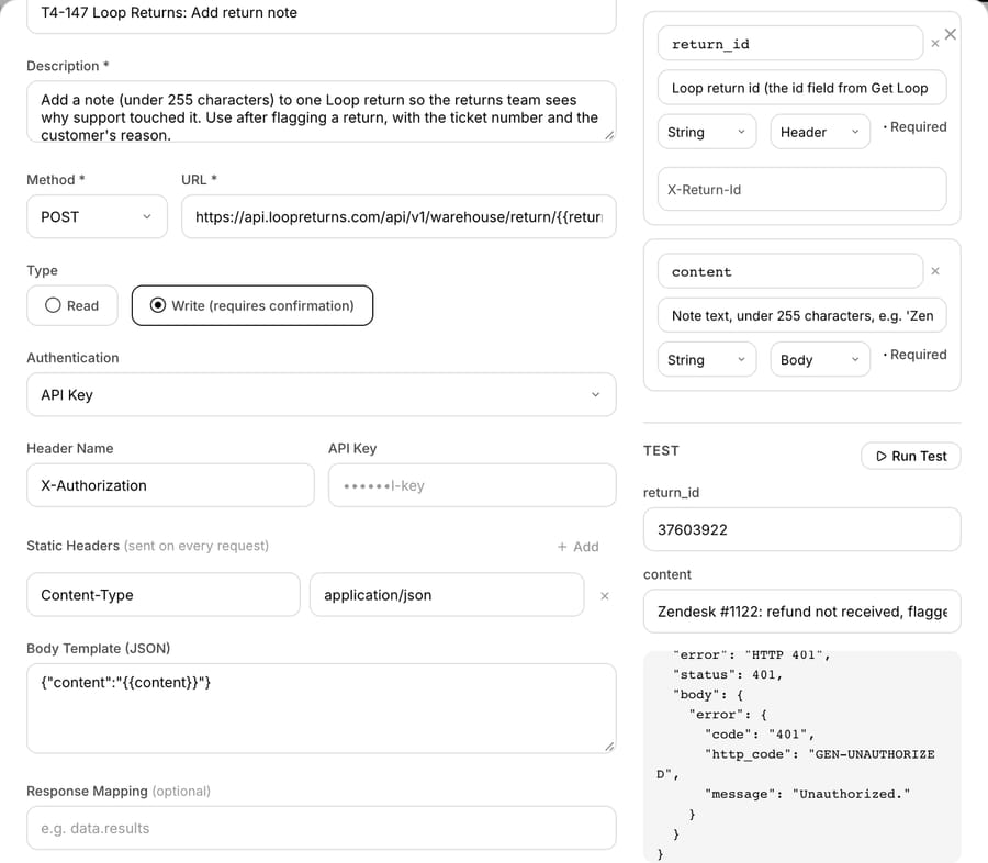 Macha custom tool "T4-147 Loop Returns: Add return note": POST to Loop's note endpoint with return_id sent as a header parameter, content in a JSON body template, and Loop's JSON 401 response in the test panel