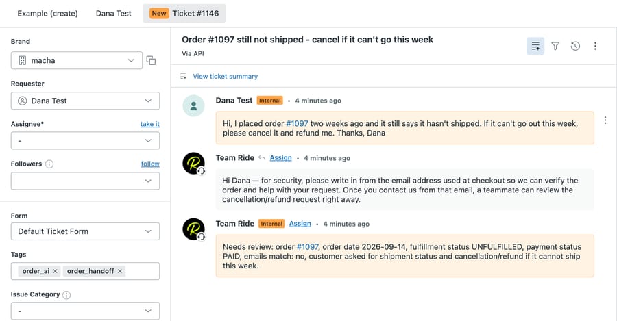 d3v-macha Zendesk ticket #1146: the customer's cancel request, the agent's public reply asking for the checkout email, and an internal note starting Needs review with order #1097 details and tags order_ai and order_handoff