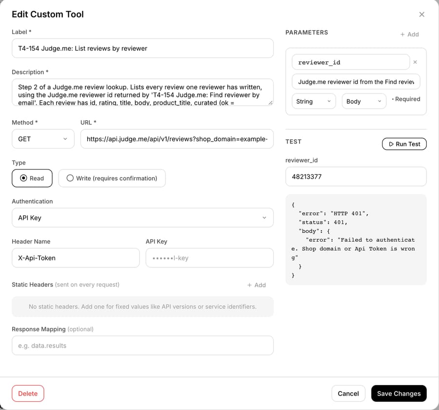 Macha custom tool "T4-154 Judge.me: List reviews by reviewer": GET /reviews with reviewer_id, X-Api-Token header, Run Test returned HTTP 401 on a dummy key