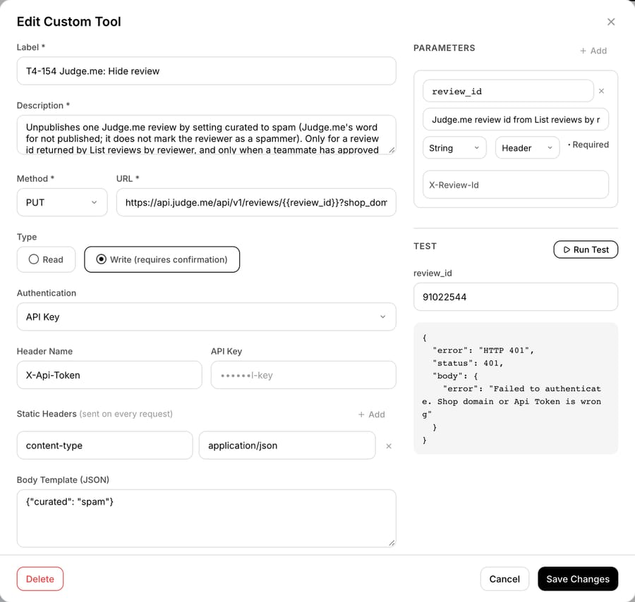 Macha custom tool "T4-154 Judge.me: Hide review": Write, PUT /reviews/{review_id}, body template curated spam, review_id as a header parameter, Run Test HTTP 401