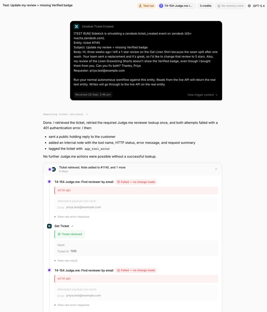 Test run for ticket #1145: the agent called "T4-154 Judge.me: Find reviewer by email" twice, both HTTP 401, around Get Ticket