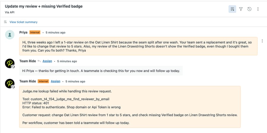 d3v-macha ticket #1145: holding reply saying a teammate will follow up today, and an internal note with the tool name, HTTP 401 and the customer's two requests