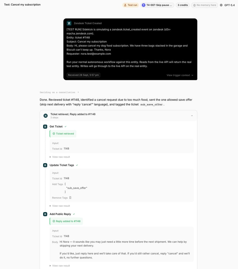 Test run on made-up ticket #1148: the agent read the ticket, tagged it sub_save_offer and replied with one skip offer plus the line saying Nora can still reply "cancel"