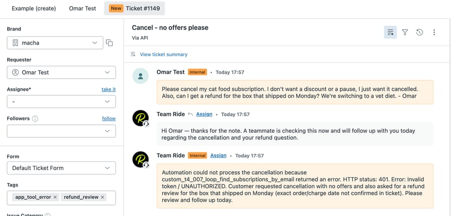 Ticket #1149 in the d3v-macha sandbox: Omar's request, the agent's holding reply, the internal note naming the tool and the 401, and both tags on the ticket