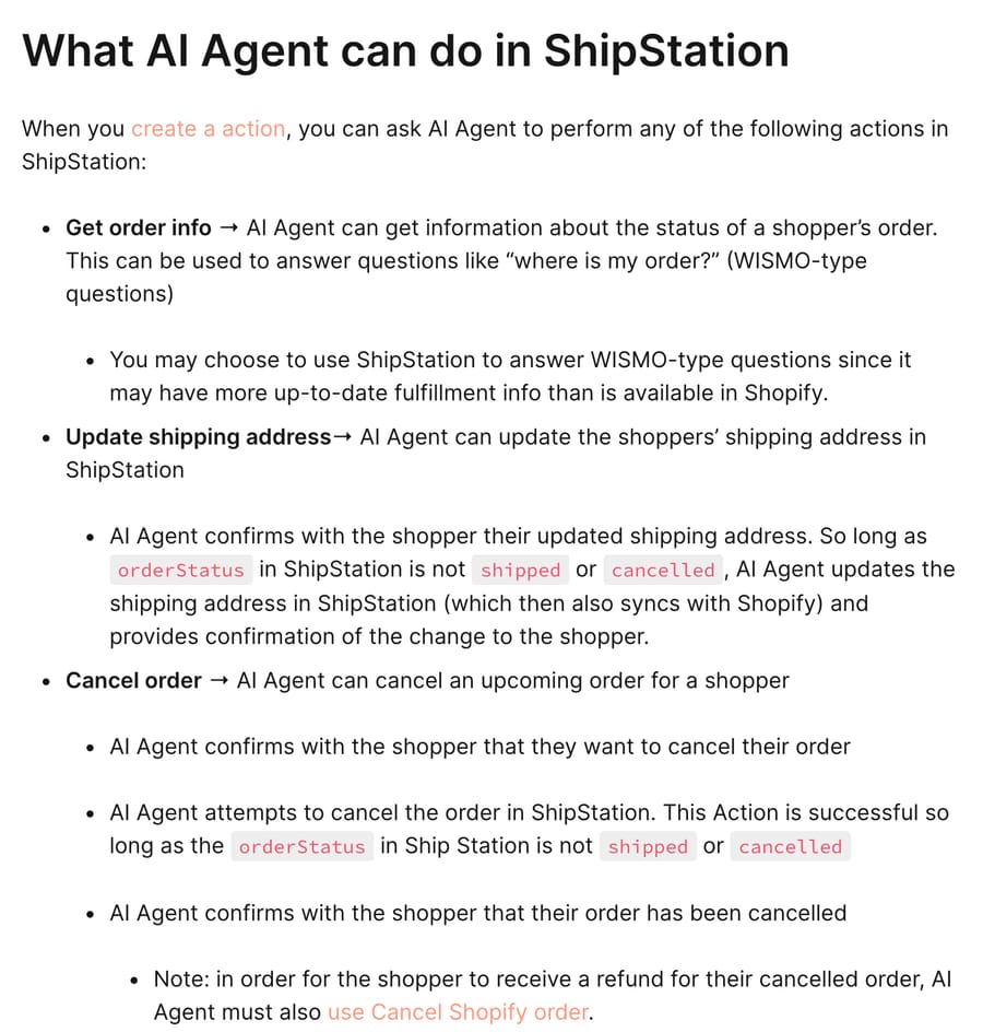 Gorgias help article "What AI Agent can do in ShipStation", listing Get order info, Update shipping address and Cancel order, each allowed only while orderStatus is not shipped or canceled