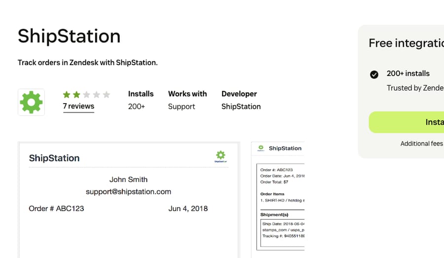 ShipStation's app on the Zendesk Marketplace: "Track orders in Zendesk with ShipStation", 7 reviews, 200+ installs, developer ShipStation, free integration