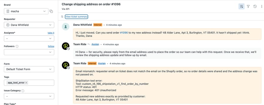 Made-up ticket #1151 on our d3v-macha sandbox: the agent asks the customer to write from the ordering email, and its internal note records the email mismatch, the ShipStation V1 tool's HTTP 401 and the requested address, tagged app_tool_error