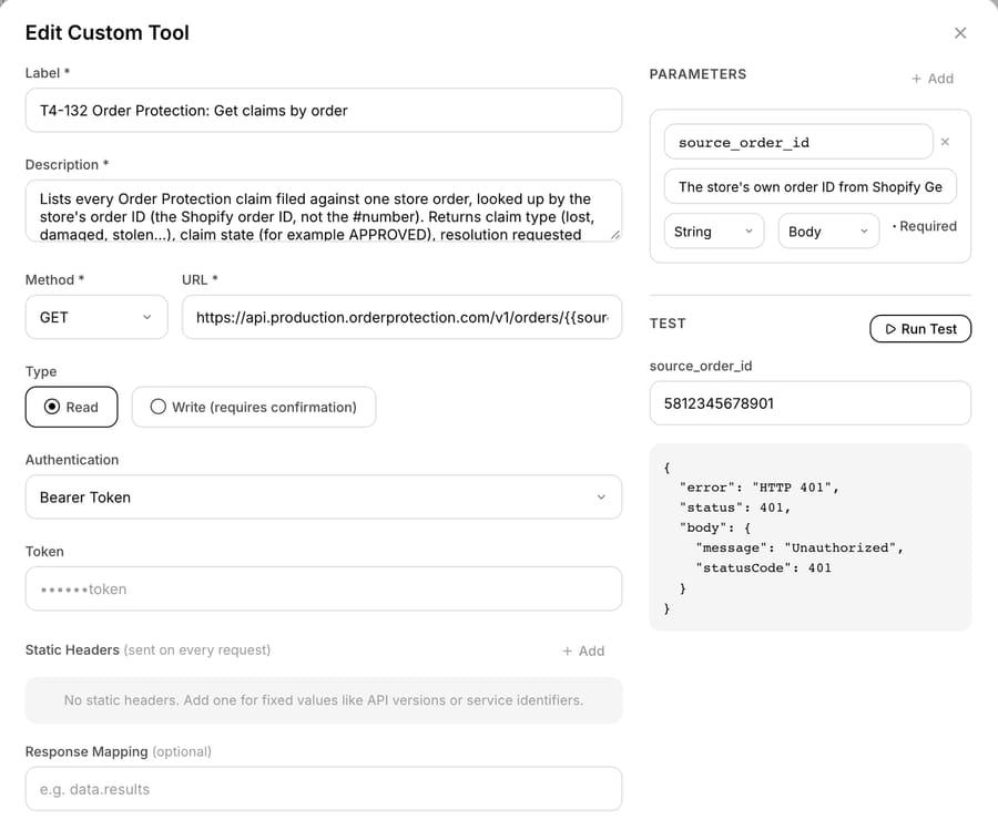Macha custom tool "T4-132 Order Protection: Get claims by order": GET to api.production.orderprotection.com with a source_order_id parameter, Bearer Token auth, and a Run Test returning HTTP 401 Unauthorized