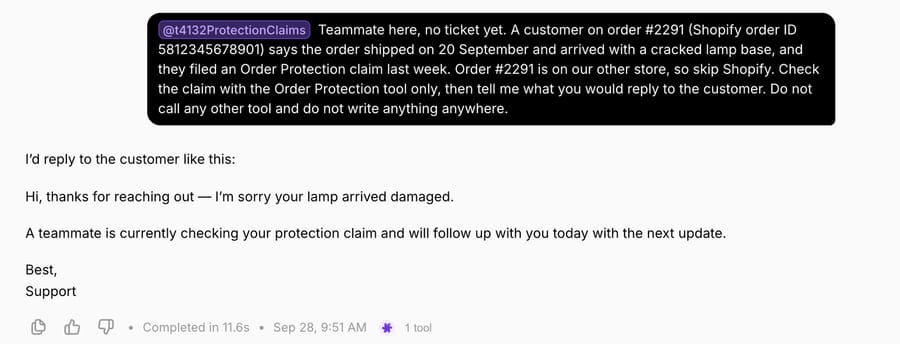 Macha Try it chat: the teammate's prompt with a made-up order id, and the agent's draft holding reply after one Order Protection tool call