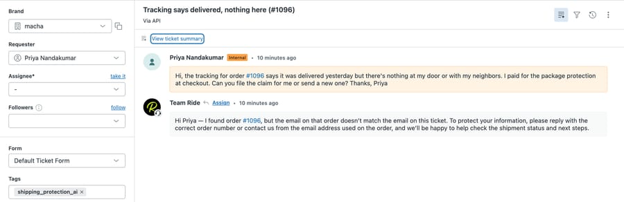 Sandbox Zendesk ticket #1152: the customer says order #1096 shows delivered but never arrived; the agent replies that the order's email doesn't match and asks for the correct order number, tag shipping_protection_ai