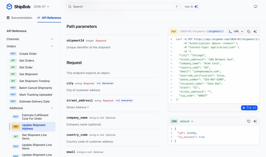 ShipBob API reference for Update Shipment Address: PUT /2026-07/shipment/{shipmentId}:updateAddress with a Bearer token and a JSON body of address fields