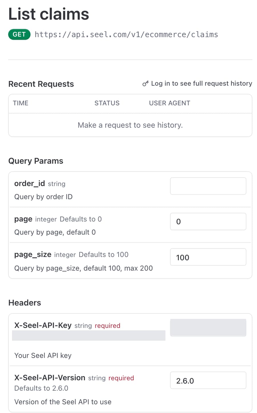 Seel API reference for List claims: GET https://api.seel.com/v1/ecommerce/claims with an order_id query parameter and two required headers, X-Seel-API-Key and X-Seel-API-Version (sample key masked)