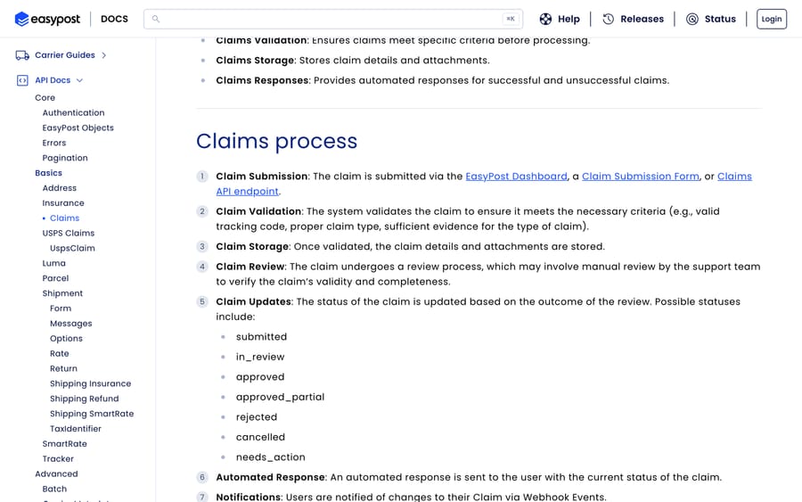 EasyPost Claims docs: a claim can be submitted through the EasyPost Dashboard, a Claim Submission Form or the Claims API endpoint, with statuses from submitted to needs_action