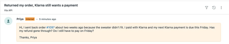 Made-up Zendesk ticket #1154 on our d3v-macha sandbox: a customer returned order #1097, paid with Klarna, and asks whether she still has to pay on Friday