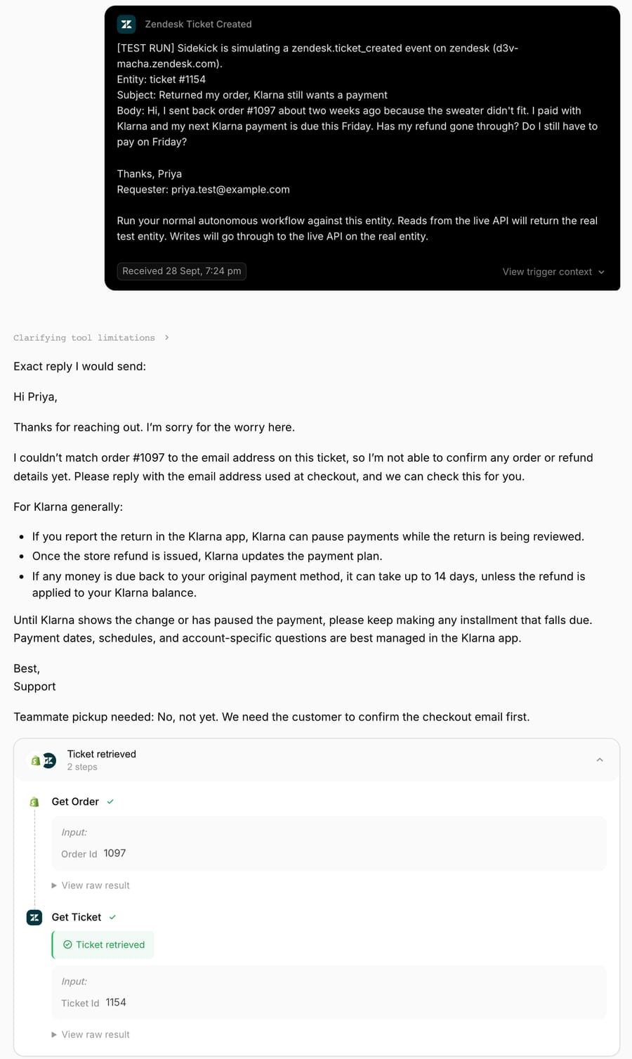 Macha Test run of the T4-136 agent on ticket #1154: it called Get Order for 1097 and Get Ticket, then drafted a reply that declines to share order details and explains Klarna's refund rules