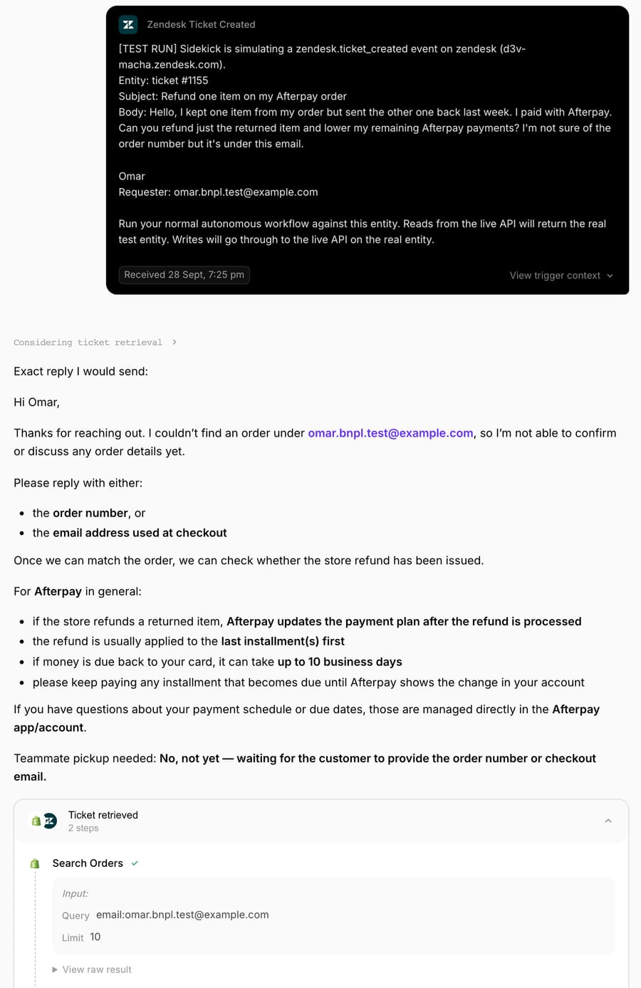 Macha Test run on ticket #1155: Search Orders by the requester's email returned no orders, and the agent asked for the order number while explaining Afterpay's refund rules