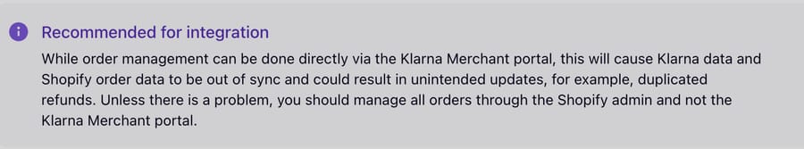 Klarna's Shopify post-purchase documentation warning that managing orders in the Klarna Merchant portal causes Klarna and Shopify data to go out of sync and can duplicate refunds