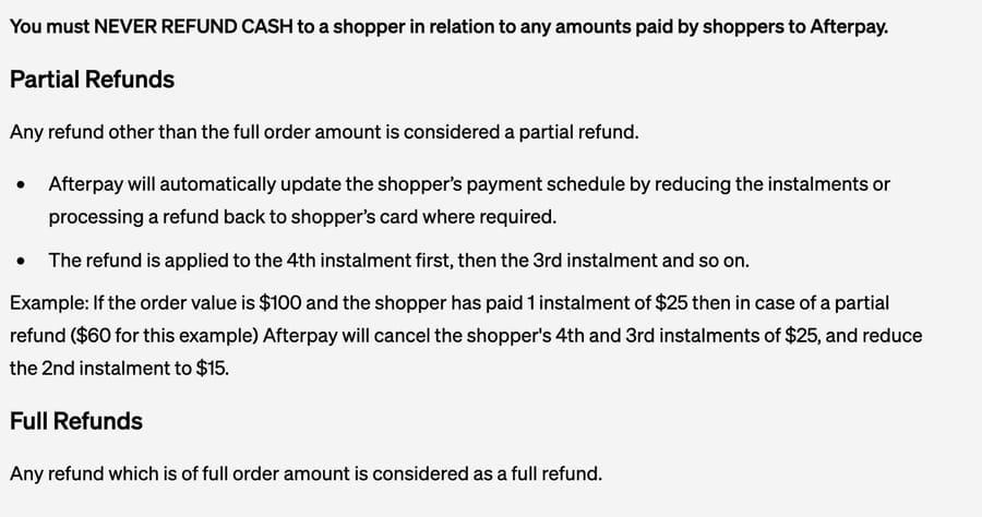 Afterpay merchant help on partial refunds: the refund is applied to the last installment first, with a $100 order example where a $60 refund cancels two installments and reduces the second to $15