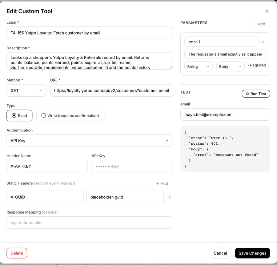 Macha custom tool "T4-155 Yotpo Loyalty: Fetch customer by email": GET with X-API-KEY and an X-GUID static header; Run Test returned HTTP 401 merchant not found