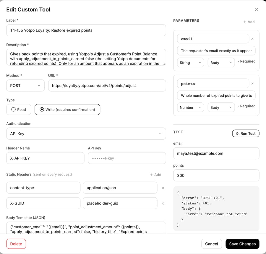 Macha custom tool "T4-155 Yotpo Loyalty: Restore expired points": Write, POST to /api/v2/points/adjust, X-GUID static header, body template, Run Test HTTP 401 merchant not found