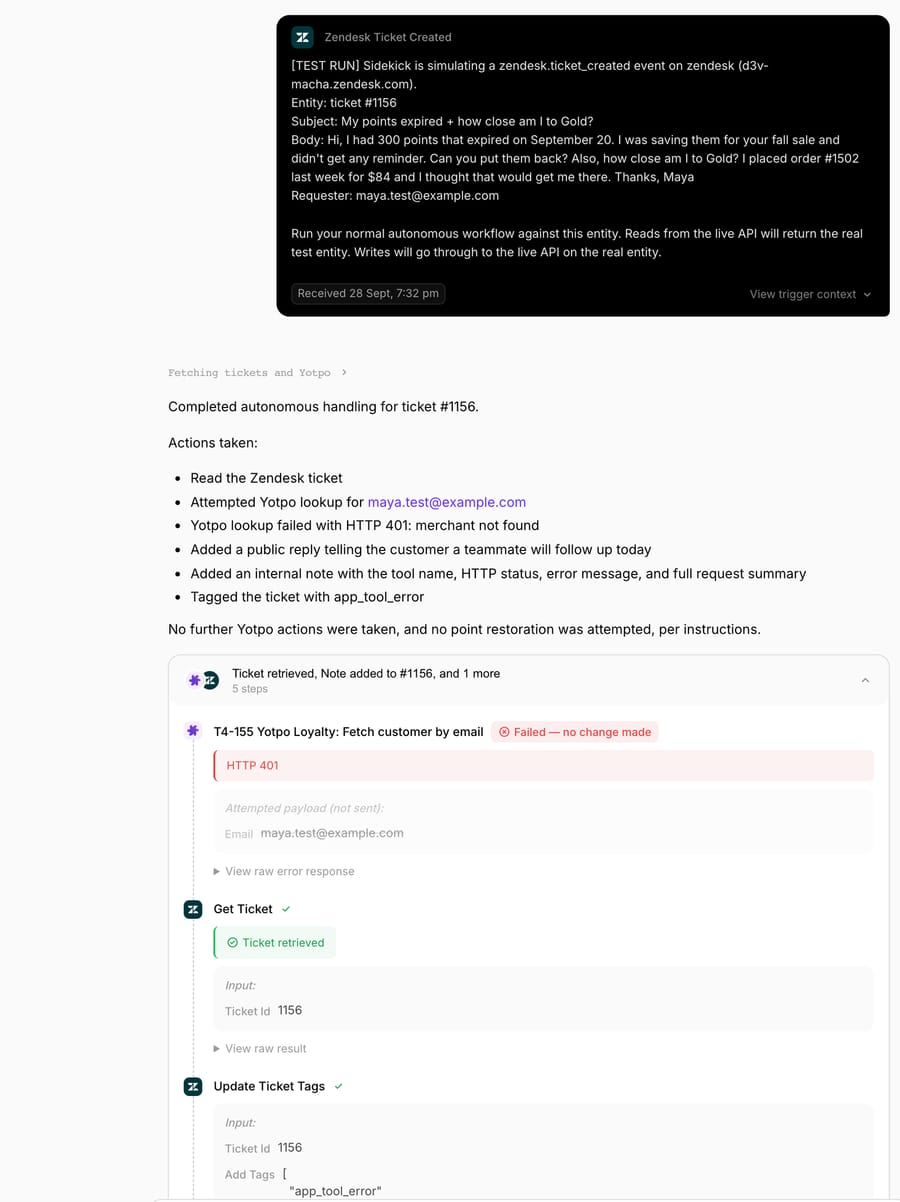 Macha Test run for ticket #1156: the Yotpo lookup failed with HTTP 401, then Get Ticket, Update Ticket Tags, an internal note and a public reply; no restore attempted