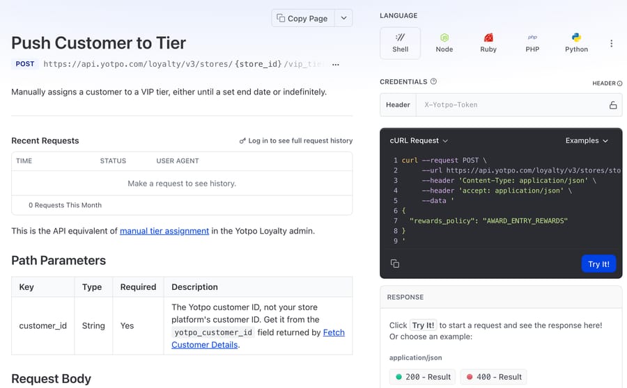 Yotpo's Push Customer to Tier reference: POST to api.yotpo.com/loyalty/v3/stores/{store_id}, with the credentials panel asking for an X-Yotpo-Token header