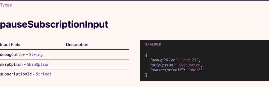 Skio API reference: pauseSubscriptionInput has three fields, debugCaller, skipOption and subscriptionId