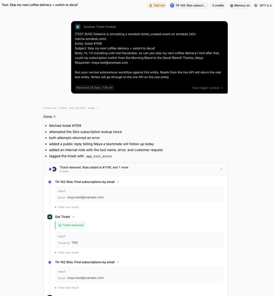 Macha Test run on ticket #1159: the agent called "T4-142 Skio: Find subscriptions by email" twice and Get Ticket; the run summary says both Skio lookups returned an error