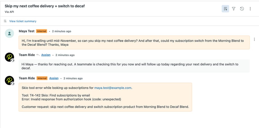 d3v-macha ticket #1159: holding reply saying a teammate will follow up today, and an internal note naming the Skio tool, the authorization hook error and both of Maya's requests