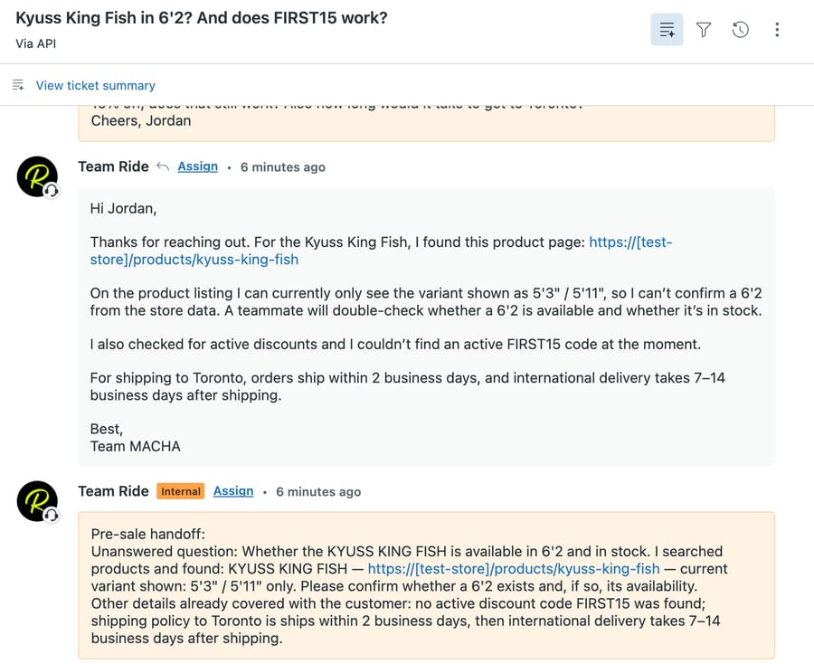 Zendesk ticket #1160: the agent's reply saying only the 5'3" / 5'11" variant is listed and FIRST15 isn't active, with an internal handoff note about the 6'2" request