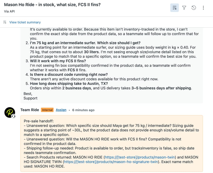 Zendesk ticket #1158 in d3v-macha: the agent's public reply to questions 2 to 5 and an internal "Pre-sale handoff" note listing the size, fin and ship-date questions