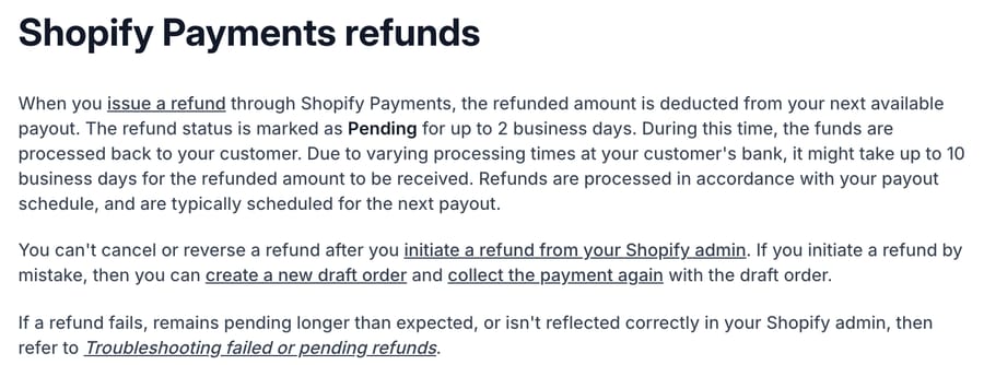 Shopify Payments refunds help page: a refund is marked Pending for up to 2 business days and may take up to 10 business days to be received because of the customer's bank