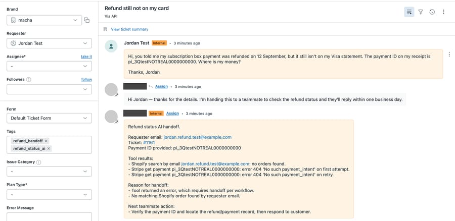 Sandbox Zendesk ticket #1161: the agent's public reply says a teammate will check the refund within one business day, and its internal note lists the Shopify and Stripe results, tags refund_handoff and refund_status_ai