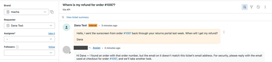 Sandbox Zendesk ticket #1162 before the fix: the agent's reply to Dana says it found an order with that number but the email doesn't match, which confirms the order exists