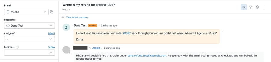 Sandbox Zendesk ticket #1164 after the fix: the agent's reply says it couldn't find that order under dana.refund.test@example.com and asks for the email used at checkout