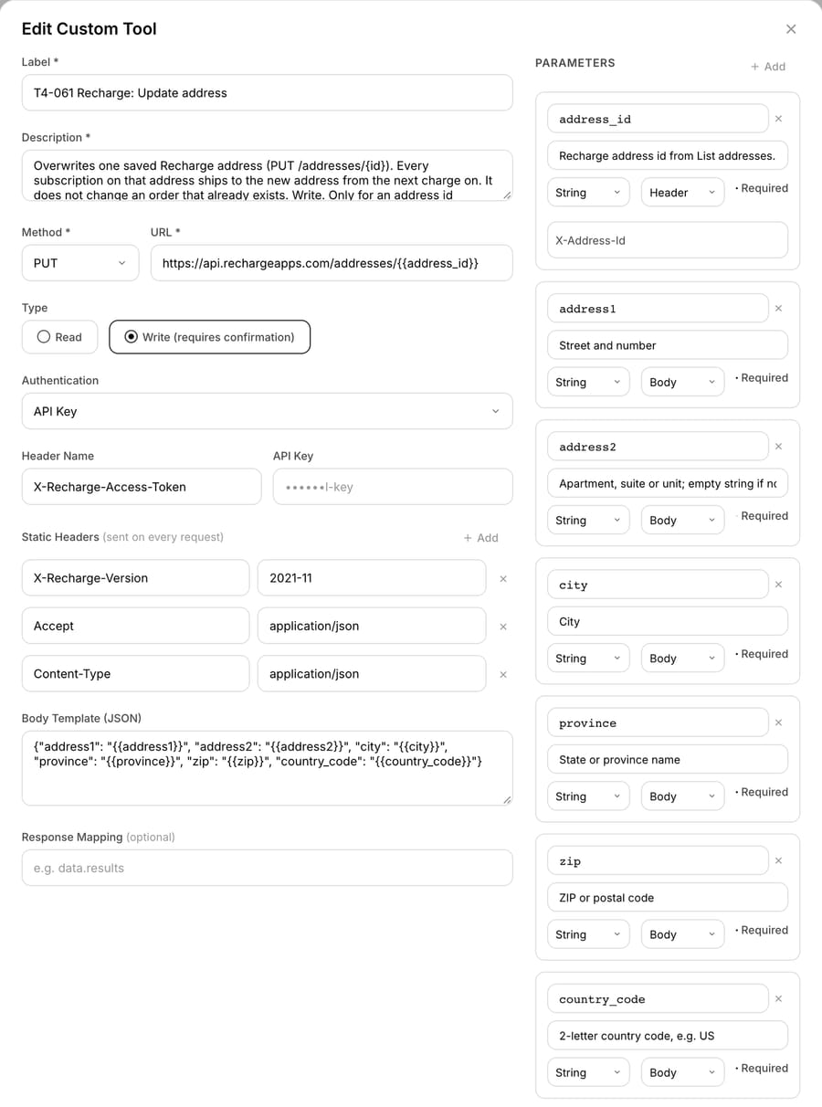 Macha custom tool "T4-061 Recharge: Update address": PUT to the Recharge addresses URL, Write type, API key in X-Recharge-Access-Token, static X-Recharge-Version 2021-11 header, JSON body template for the new address, and address_id set as a Header parameter named X-Address-Id