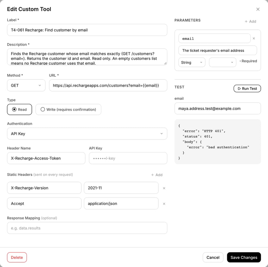 Run Test on "T4-061 Recharge: Find customer by email" with a made-up example.com address: Recharge's API answered HTTP 401 with the body error "bad authentication"