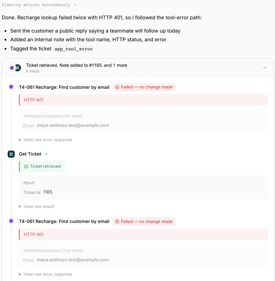 The Test run's step list for ticket #1165: two "T4-061 Recharge: Find customer by email" calls marked Failed with HTTP 401, with the Get Ticket step between them