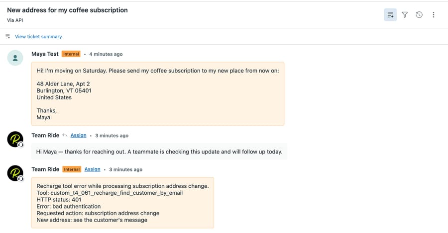 d3v-macha ticket #1165: Maya's request with the new address, the agent's public holding reply, and an internal note listing the tool name, HTTP status 401, "bad authentication" and "New address: see the customer's message"
