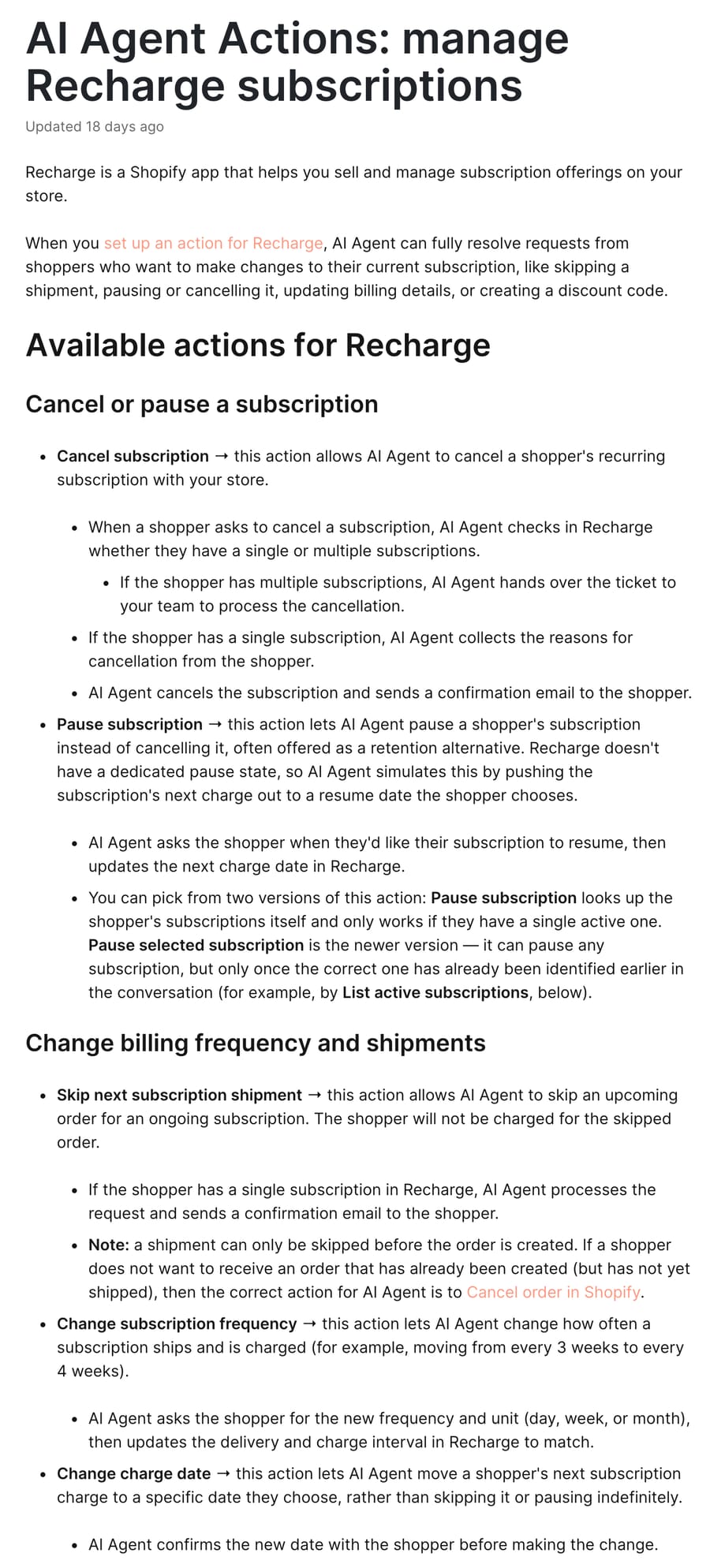 Gorgias help center article AI Agent Actions: manage Recharge subscriptions, marked Updated 18 days ago on 28 September 2026, listing the Cancel, Pause, Pause selected, Skip, Change frequency and Change charge date actions