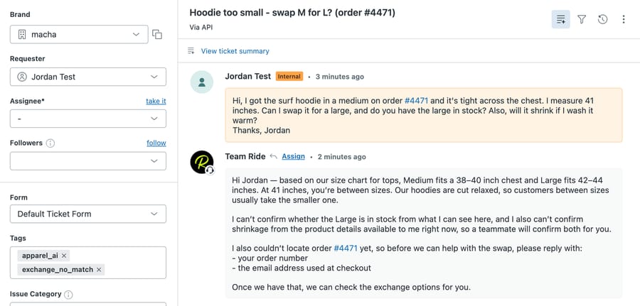 Zendesk ticket #1169: the agent quotes the size chart, then says customers between sizes usually take the smaller one, to a customer whose medium is too tight