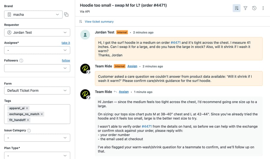 Zendesk ticket #1170: after the fix, the agent recommends one size up, asks for the order details and routes the shrink question in an internal note