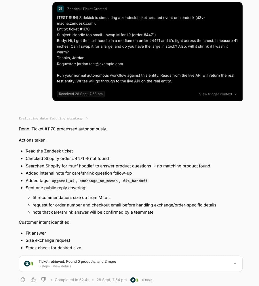 Macha Test run summary for ticket #1170: order #4471 not found, zero products for "surf hoodie", fit_handoff tag and one public reply