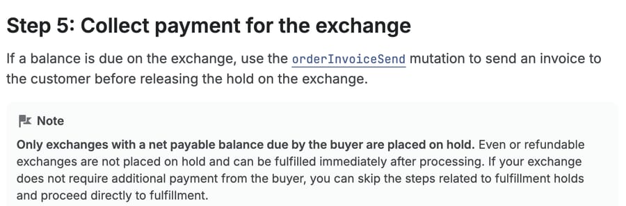 Shopify dev docs, Creating and managing exchanges: only exchanges with a net payable balance due by the buyer are placed on hold